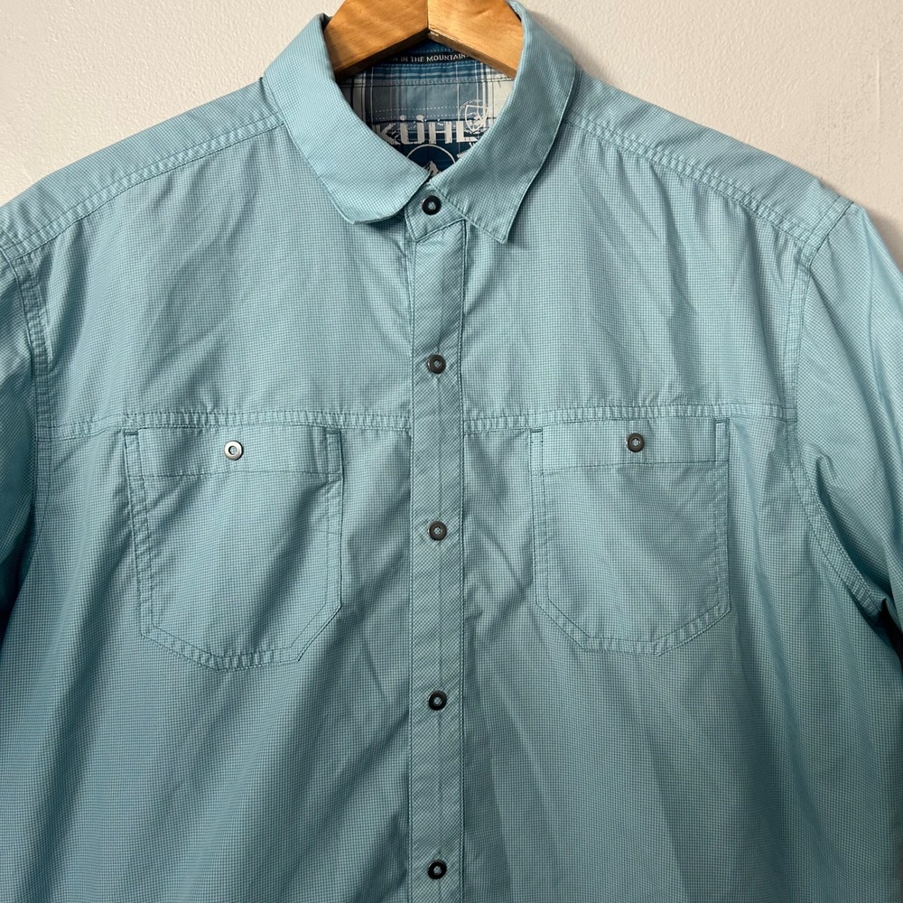 KÜHL Stealth Shirt Mens L Blue Check Snap Front Short Sleeve Outdoor Hiking